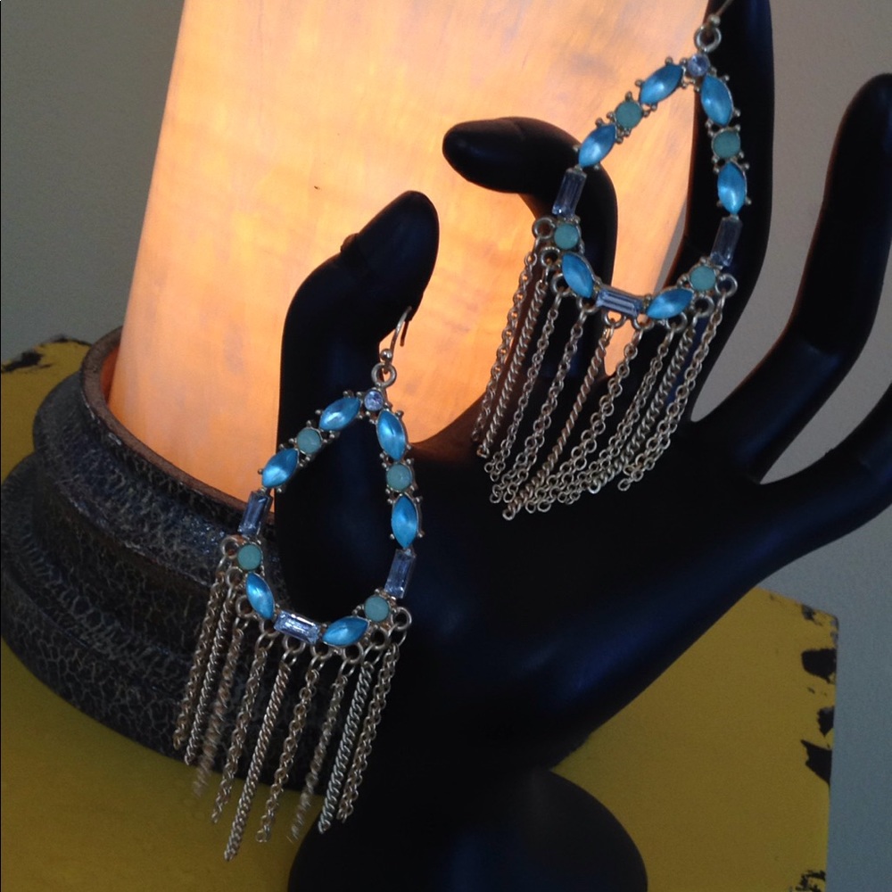 NEW Dangling Chains Earrings Turquoise Dazzling Jeweled Blue Crystals Goldtone - Picture 8 of 10